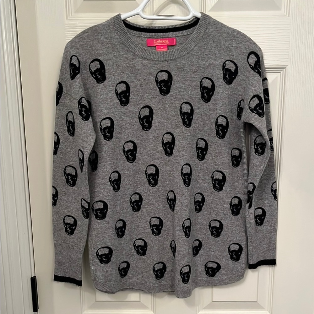 Catherine Malandrino Women’s Grey Cashmere Skull Print Sweater Size Petite Small